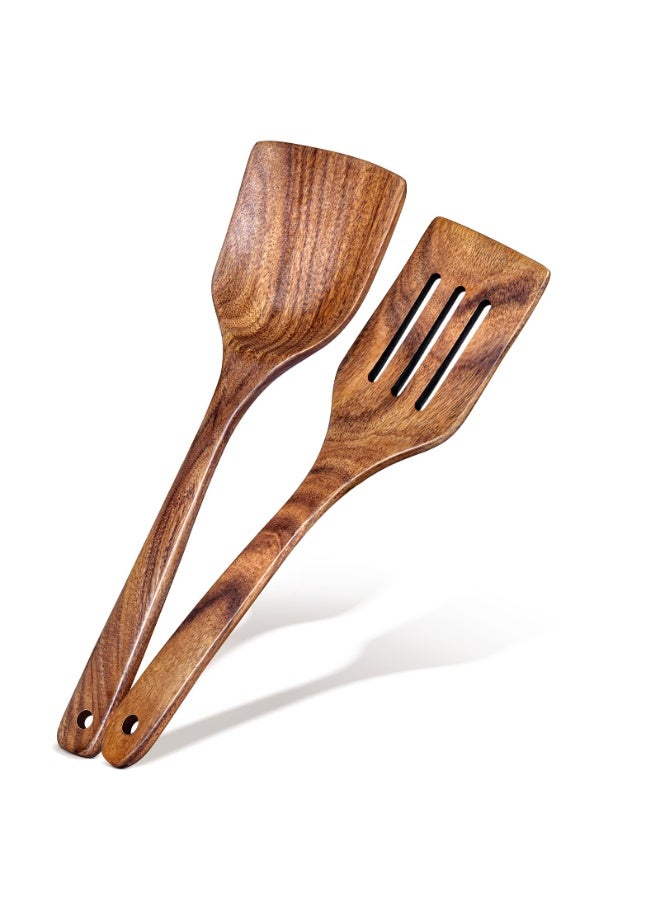 2 قطع من الشباكة الخشبية للطبخ ، محول الصلب ومجموعة الشباكة الممزقة للأواني غير اللاصقة ، مجموعة أدوات المطبخ الأكاسيا مع مقبض طويل ، النهاية السلسة الشباكة الخشبية للطبخ ، القلي ، الخبز - Image 1